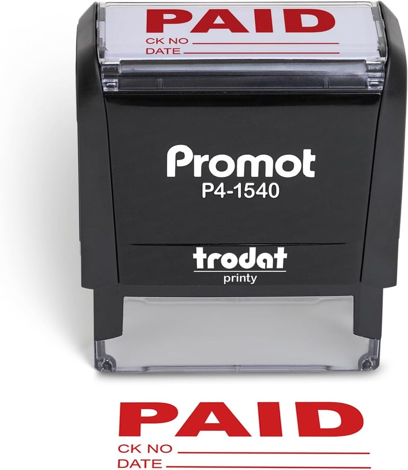 Promot Paid Stamp Self Inking Stamp - Paid Stamp for Office, Accounts Payable Stamp w/Check Number and Date - Rubber Stamps for Retail Use, Red Ink Stamp, Self Inking Stamp for Business Supplies - Image 1